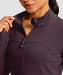 women's zip-up slim fit hip length jacket in deep purple - collar detail view