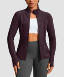 women's zip-up slim fit hip length jacket in deep purple - front view