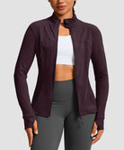 women's zip-up slim fit hip length jacket in deep purple - front view