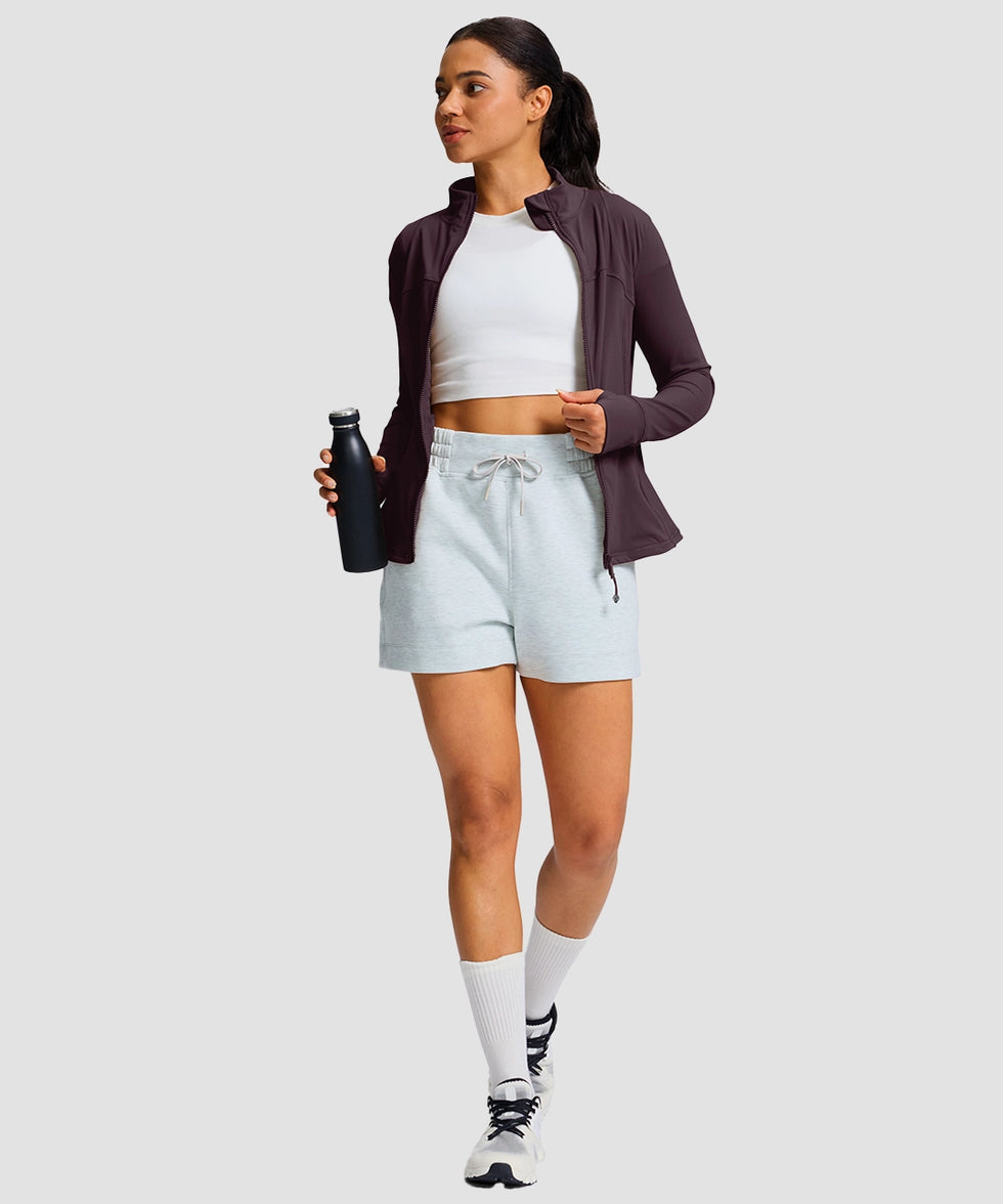 women's zip-up slim fit hip length jacket in deep purple - matching outfits view