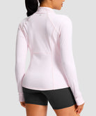 women's zip-up slim fit hip length jacket in light pink - back view