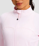 women's zip-up slim fit hip length jacket in light pink - collar detail view