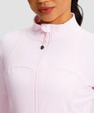 women's zip-up slim fit hip length jacket in light pink - collar detail view