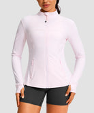 women's zip-up slim fit hip length jacket in light pink - front view