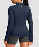 women's zip-up slim fit hip length jacket in navy - back view