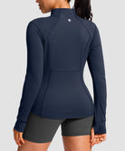 women's zip-up slim fit hip length jacket in navy - back view