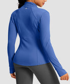 women's zip-up slim fit hip length jacket in navy blue - back view