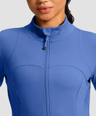 women's zip-up slim fit hip length jacket in navy blue - collar detail view