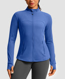 women's zip-up slim fit hip length jacket in navy blue - front view