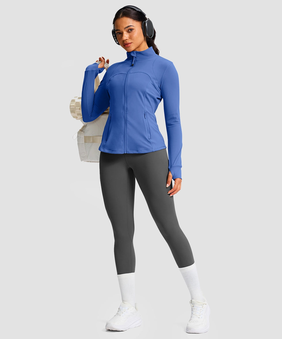 women's zip-up slim fit hip length jacket in navy blue - side view
