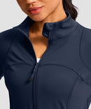 women's zip-up slim fit hip length jacket in navy - collar detail view