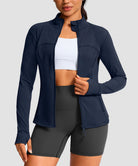 women's zip-up slim fit hip length jacket in navy - front view