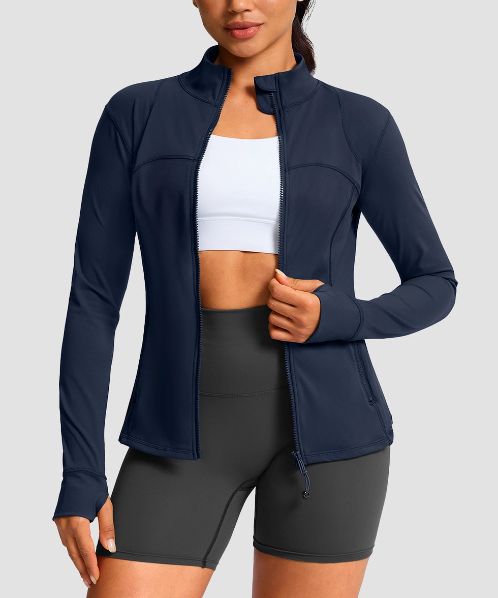 women's zip-up slim fit hip length jacket in navy - front view