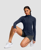 women's zip-up slim fit hip length jacket in navy - side view