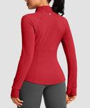 women's zip-up slim fit hip length jacket in savannah red - back view