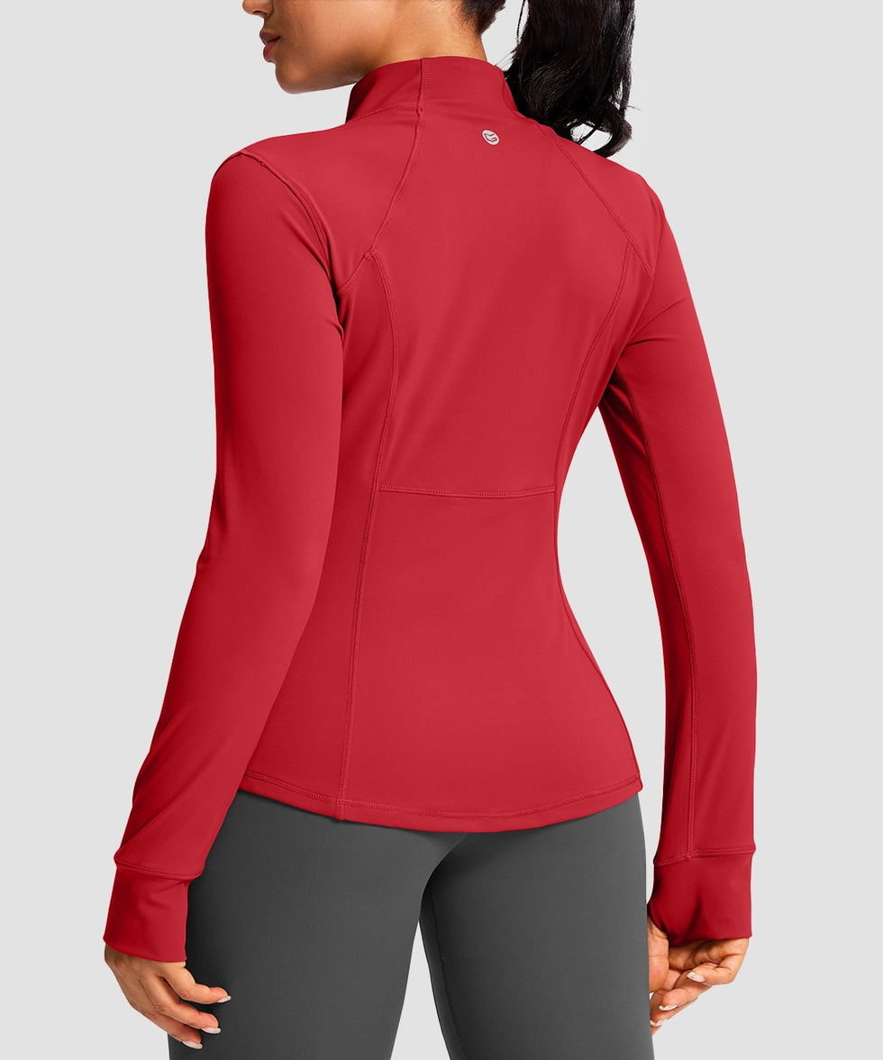 women's zip-up slim fit hip length jacket in savannah red - back view
