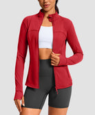 women's zip-up slim fit hip length jacket in savannah red - front view