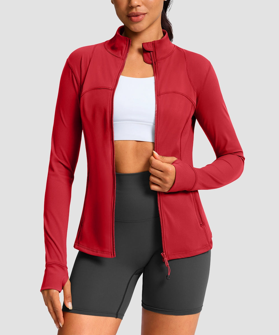 women's zip-up slim fit hip length jacket in savannah red - front view