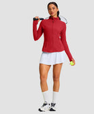 women's zip-up slim fit hip length jacket in savannah red - side view