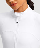 women's zip-up slim fit hip length jacket in white - collar detail view