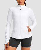 women's zip-up slim fit hip length jacket in white - front view