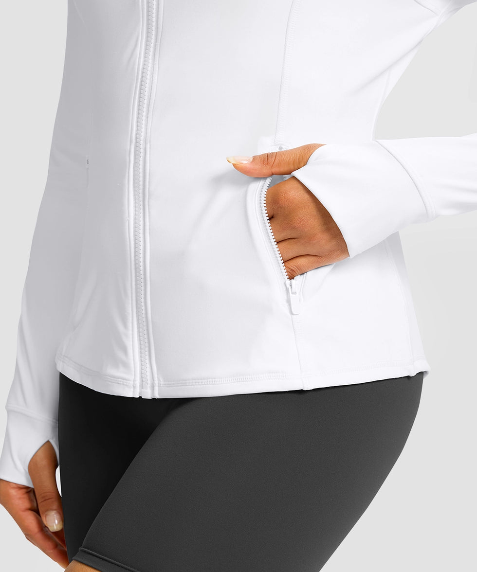 women's zip-up slim fit hip length jacket in white - zipper pocket detail view