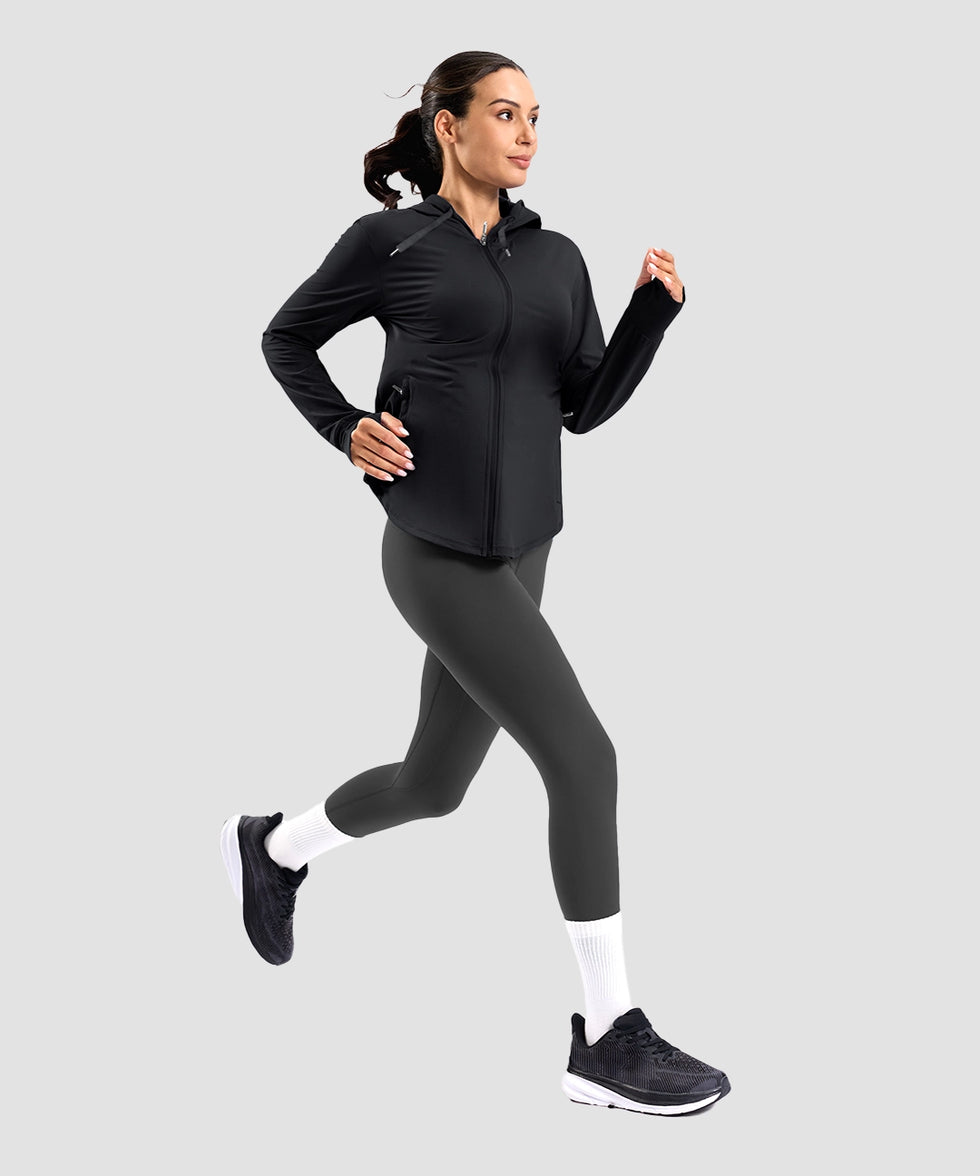 women's zip-up with 4 pockets hooded jacket in black - matching outfits view
