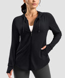 women's zip-up with 4 pockets hooded jacket in black - pocket detail