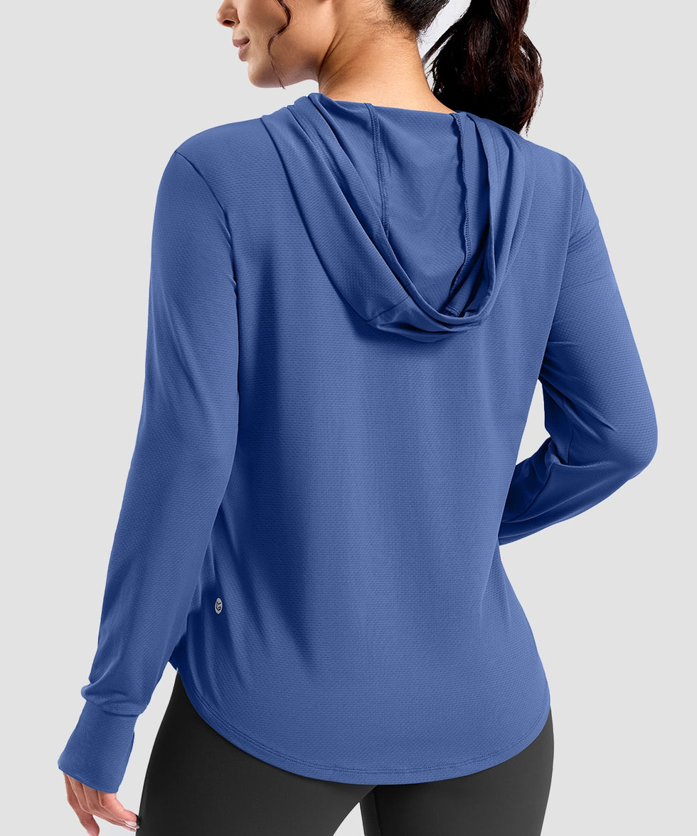 women's zip-up with 4 pockets hooded jacket in blue - hood detail