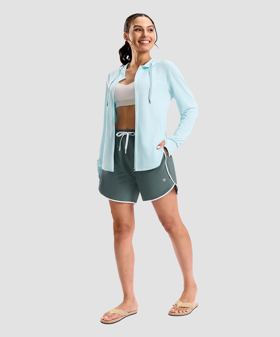 women's zip-up with 4 pockets hooded jacket in mint blue - matching outfits view