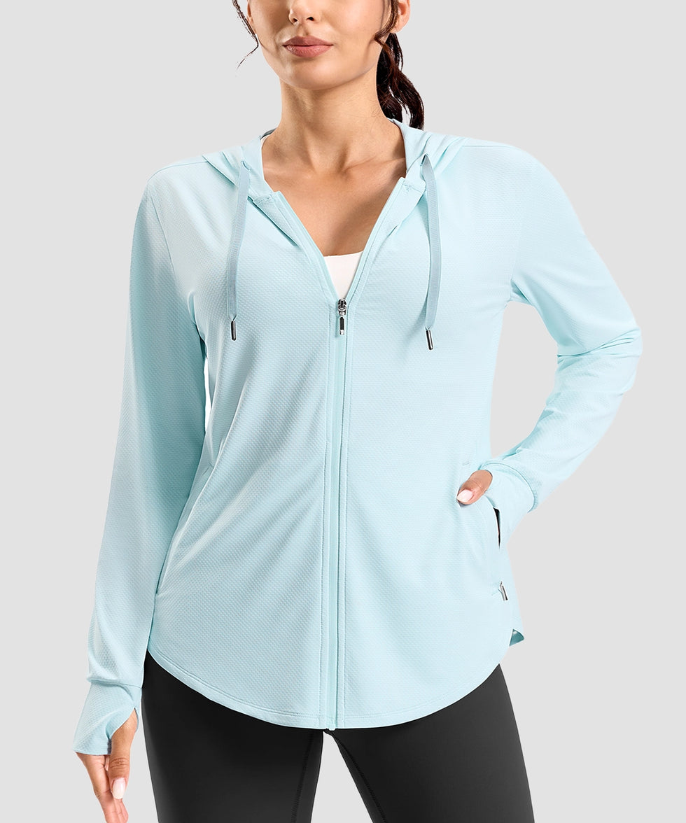 women's zip-up with 4 pockets hooded jacket in mint blue - pocket detail