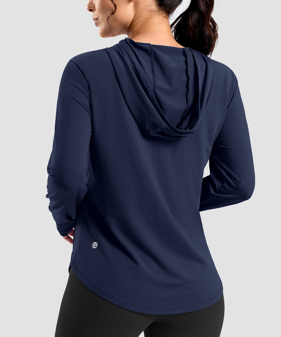 women's zip-up with 4 pockets hooded jacket in navy - hood detail