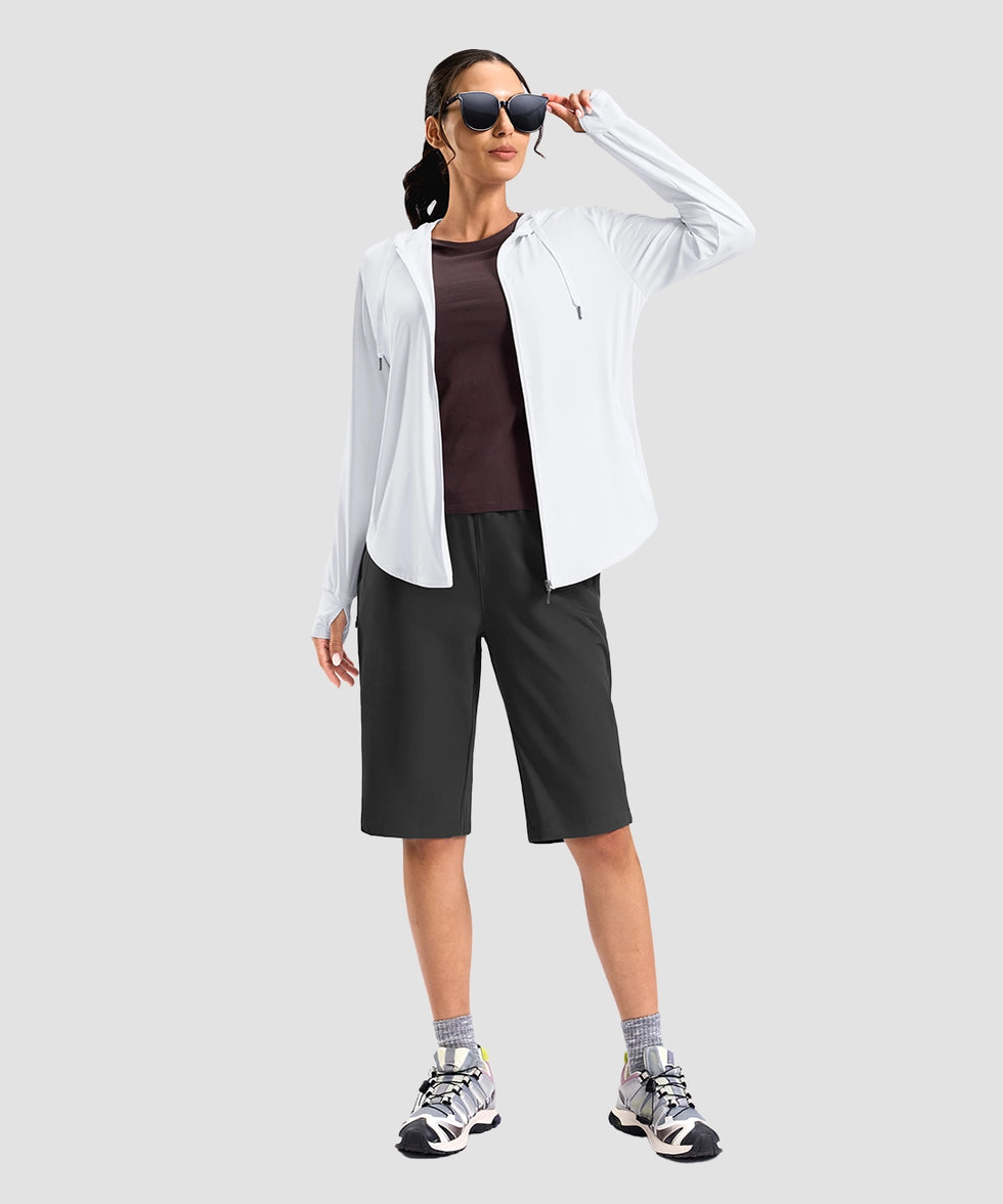 women's zip-up with 4 pockets hooded jacket in white - matching outfits view