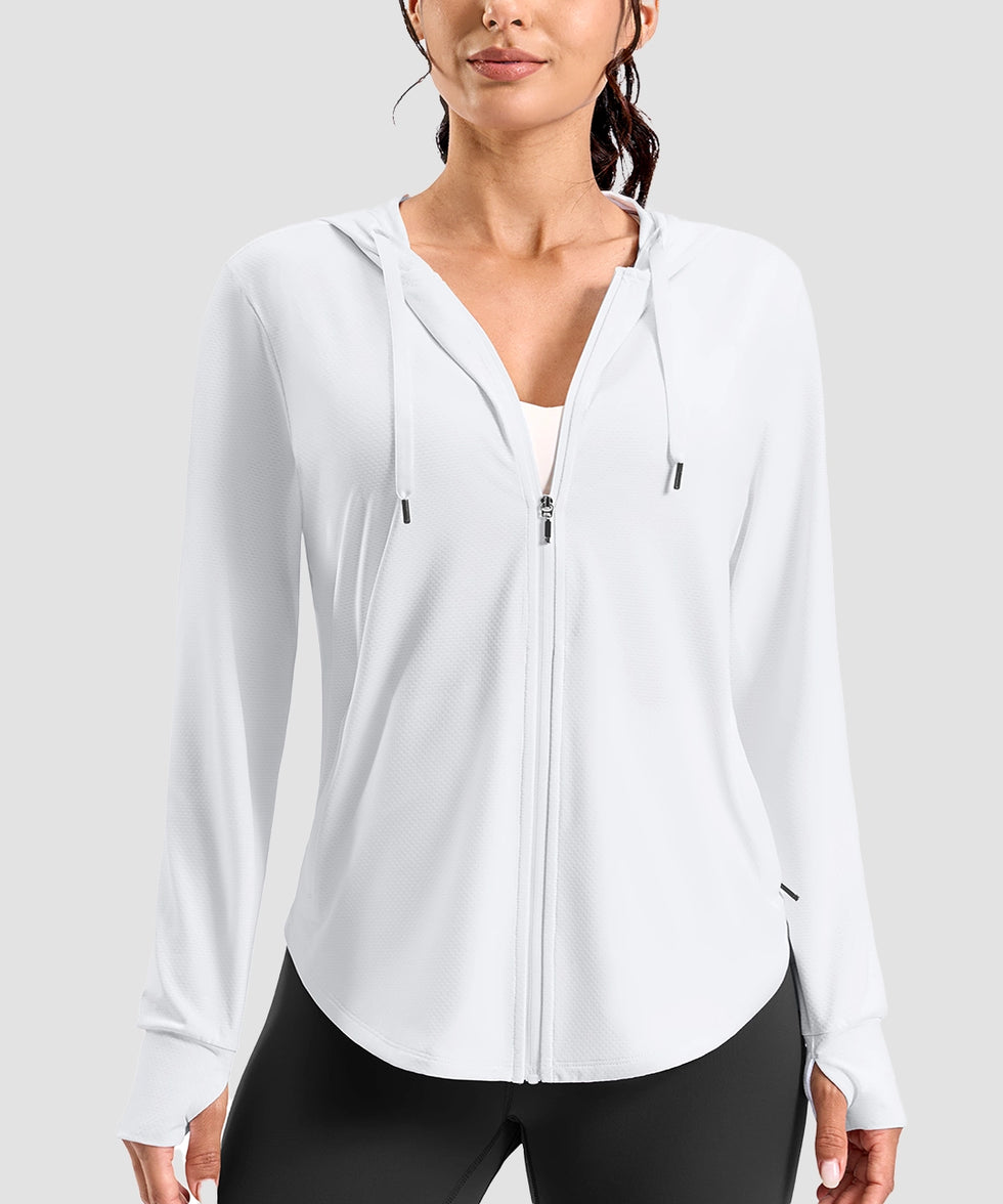 women's zip-up with 4 pockets hooded jacket in white - zipper detail