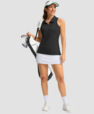 zip up racerback polo tank in black - on model view