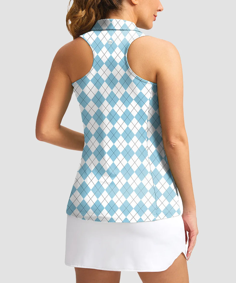 zip up racerback polo tank in blue plaid - back view