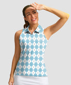 zip up racerback polo tank in blue plaid - front view