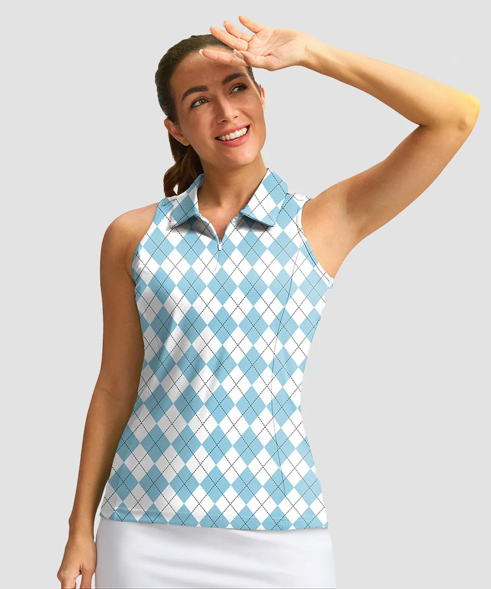 zip up racerback polo tank in blue plaid - front view