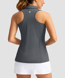 zip up racerback polo tank in dark gray - back view