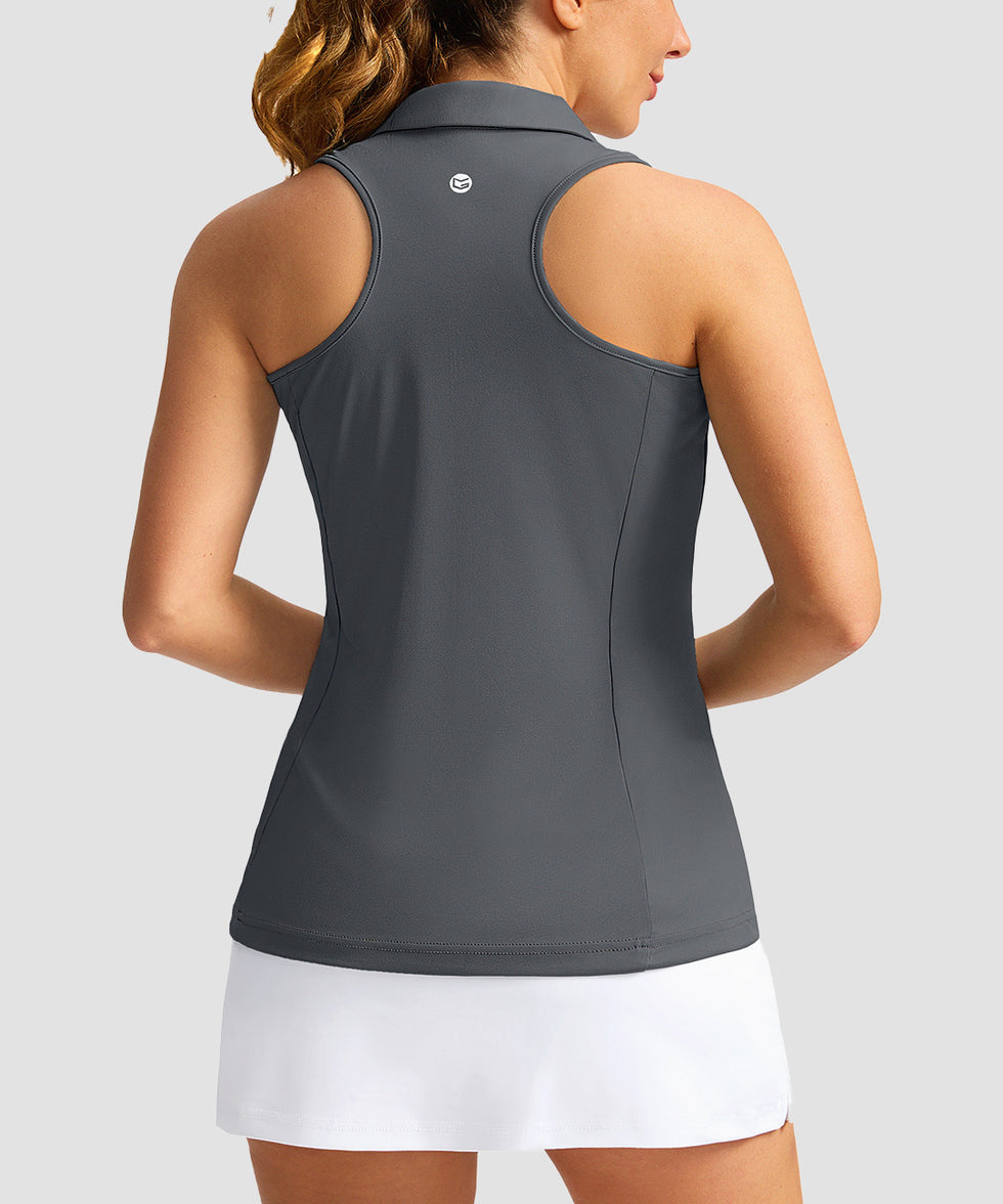 zip up racerback polo tank in dark gray - back view