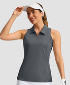 zip up racerback polo tank in dark gray - front view