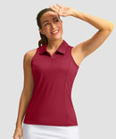 zip up racerback polo tank in dark red - front view