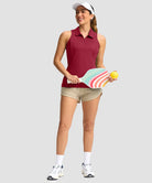 zip up racerback polo tank in dark red - on model view