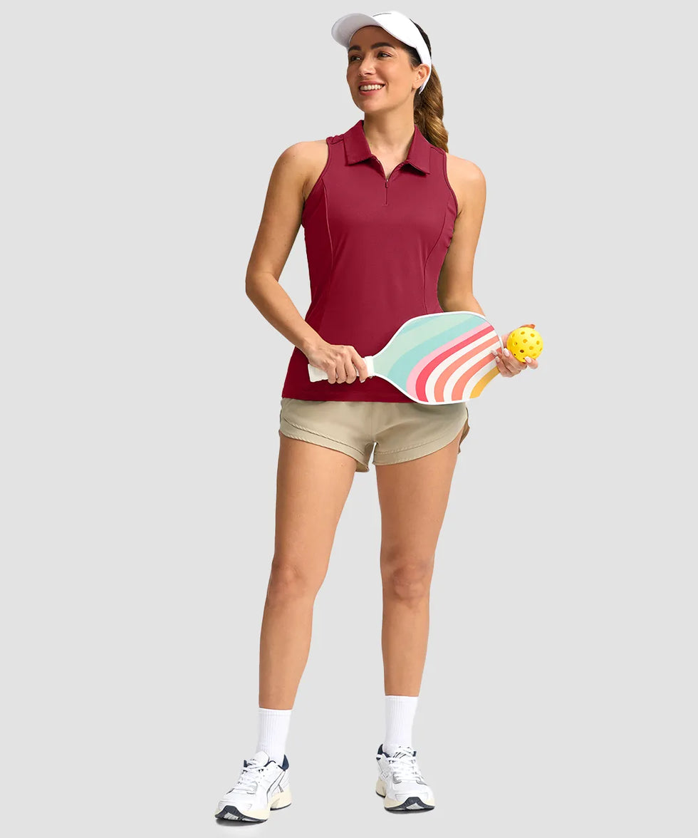 zip up racerback polo tank in dark red - on model view