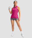 zip up racerback polo tank in granita pink - on model view