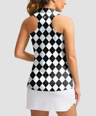 zip up racerback polo tank in gray argyle - back view