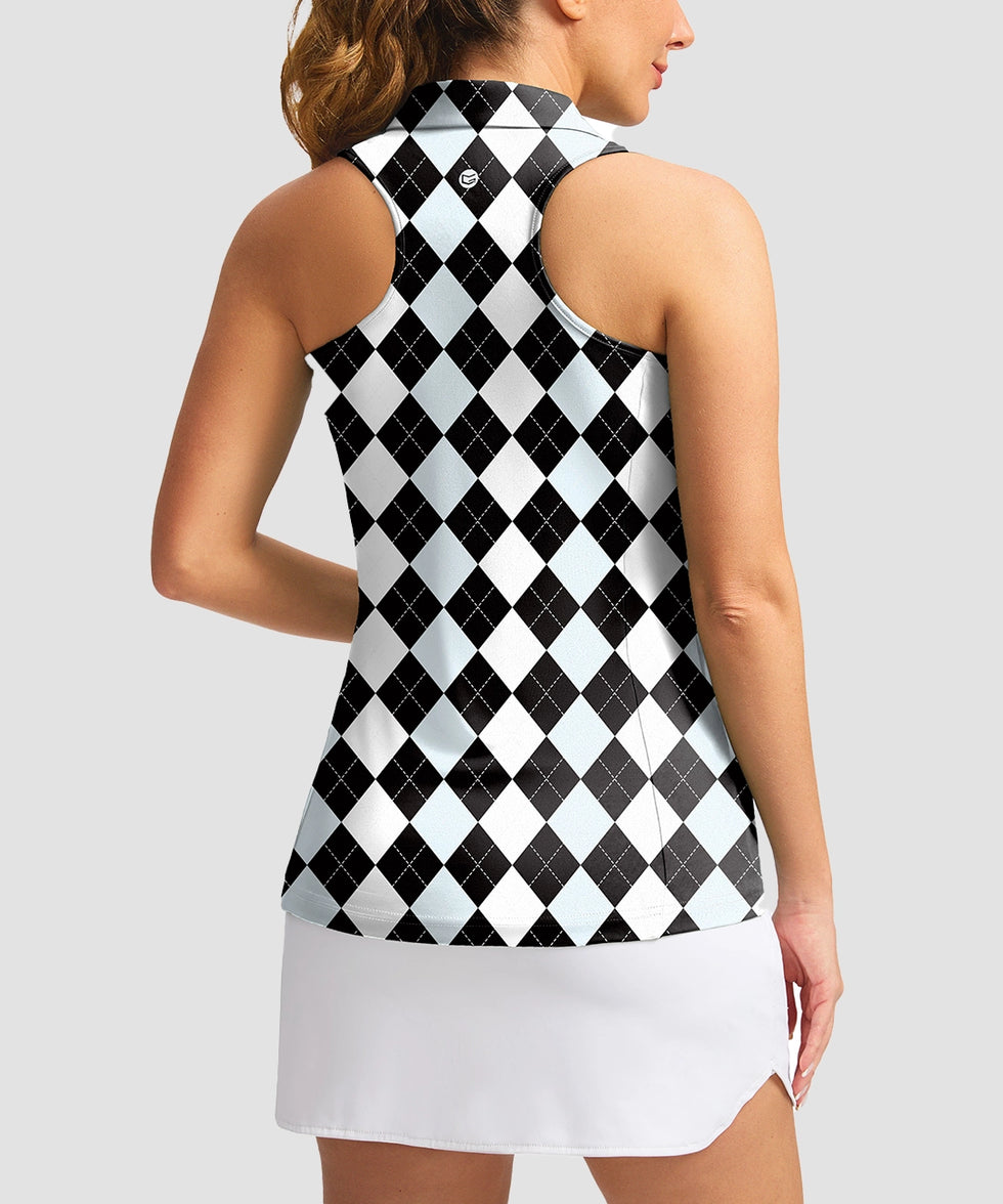 zip up racerback polo tank in gray argyle - back view