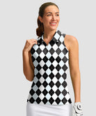 zip up racerback polo tank in gray argyle - front view