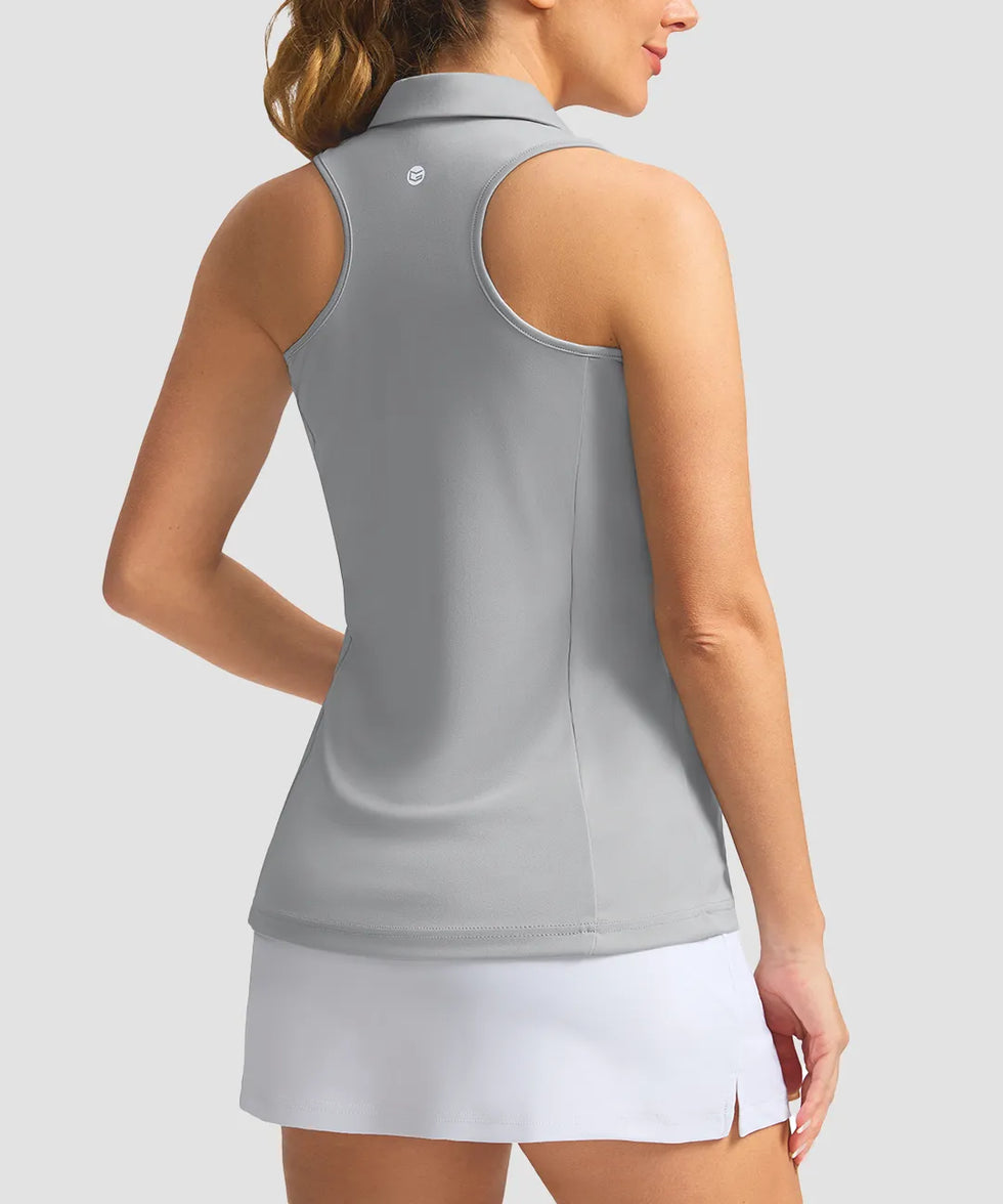 zip up racerback polo tank in light gray - back view