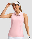 zip up racerback polo tank in light pink - front view